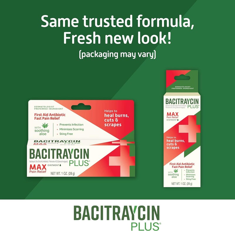 Bacitraycin Plus Max Strength First Aid Antibiotic Wound Healing + Pain and Itch Relief Ointment for Minor Cuts, Scrapes and Burns, with Bacitracin Zinc and Moisturizing Aloe Vera, 1 oz, 2 Pack - Image 5